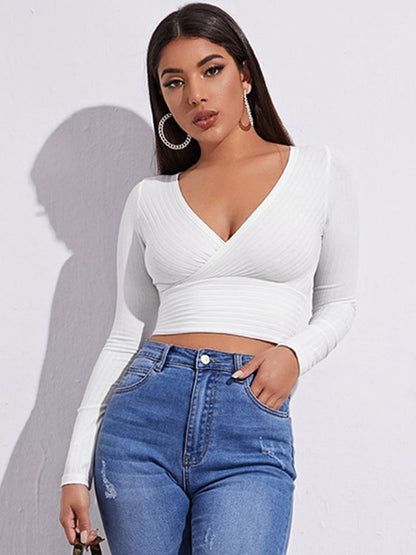 Women Casual Solid Long Sleeve Crop T-shirt Fashion V-Collar Bare Midriff Stretch Tops Ribbed Knitted Elastic Slim Skinny Tees