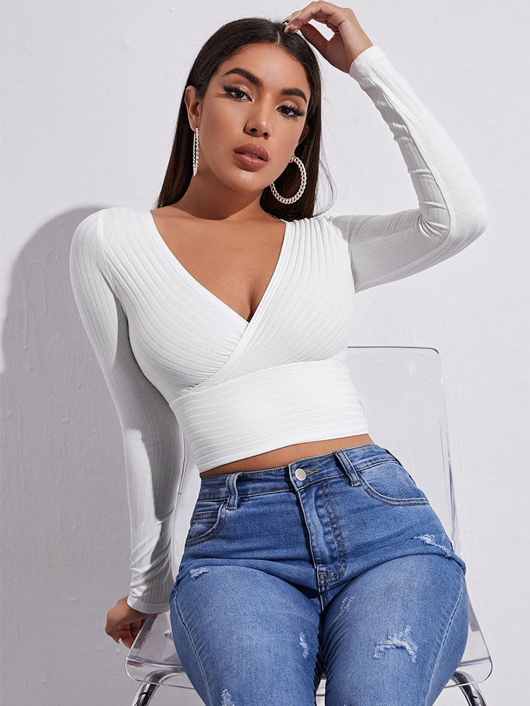 Women Casual Solid Long Sleeve Crop T-shirt Fashion V-Collar Bare Midriff Stretch Tops Ribbed Knitted Elastic Slim Skinny Tees