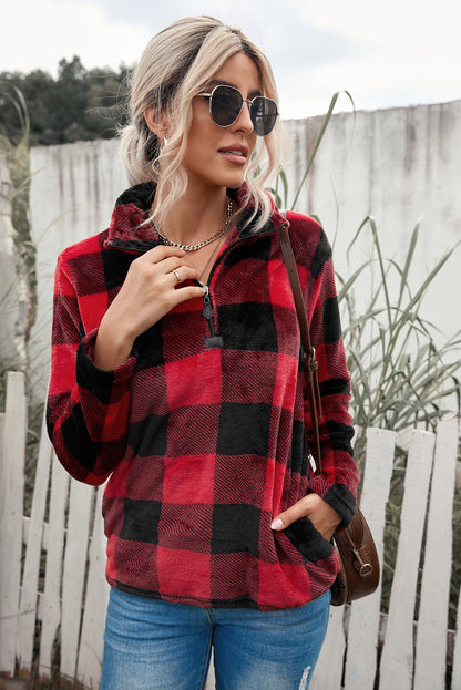 Plaid Print 1/4 Collar Sweatshirt