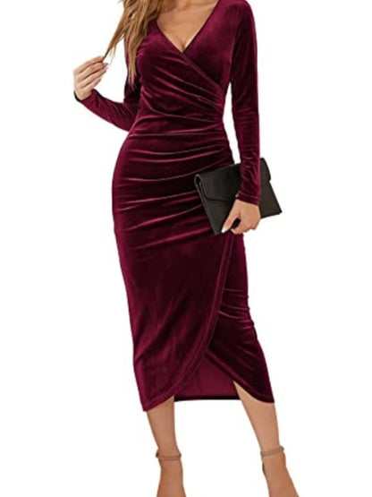 2022 Autumn Velvet Bodycon Black Midi Dress